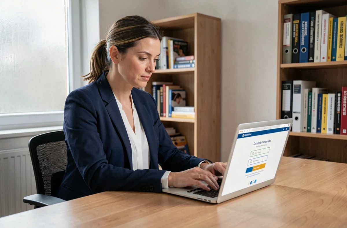 Enseignante connectée à une plateforme scolaire en ligne sur son ordinateur portable depuis un bureau à domicile