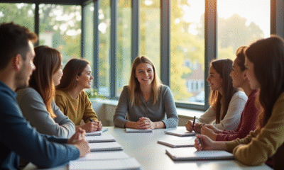 Conseiller scolaire rencontrant un groupe de jeunes dans un bureau lumineux