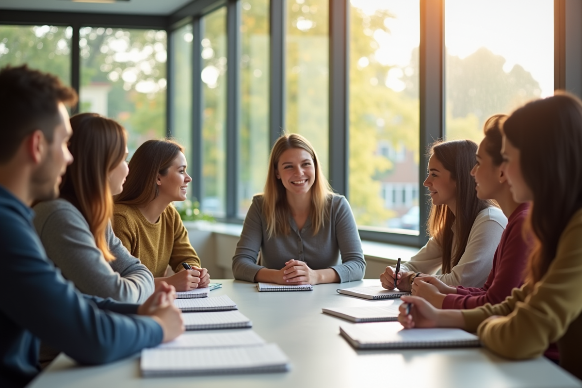Conseiller scolaire rencontrant un groupe de jeunes dans un bureau lumineux