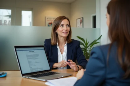 Conseillère Pôle emploi Solerys discutant d'un projet professionnel avec une demandeure d'emploi dans un bureau moderne