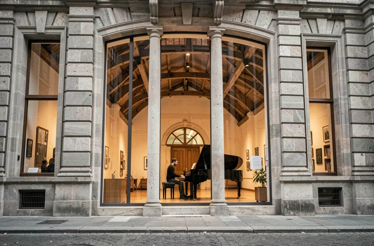 Vue extérieure du Conservatoire National Supérieur de Musique et de Danse de Lyon avec un pianiste visible à travers les fenêtres