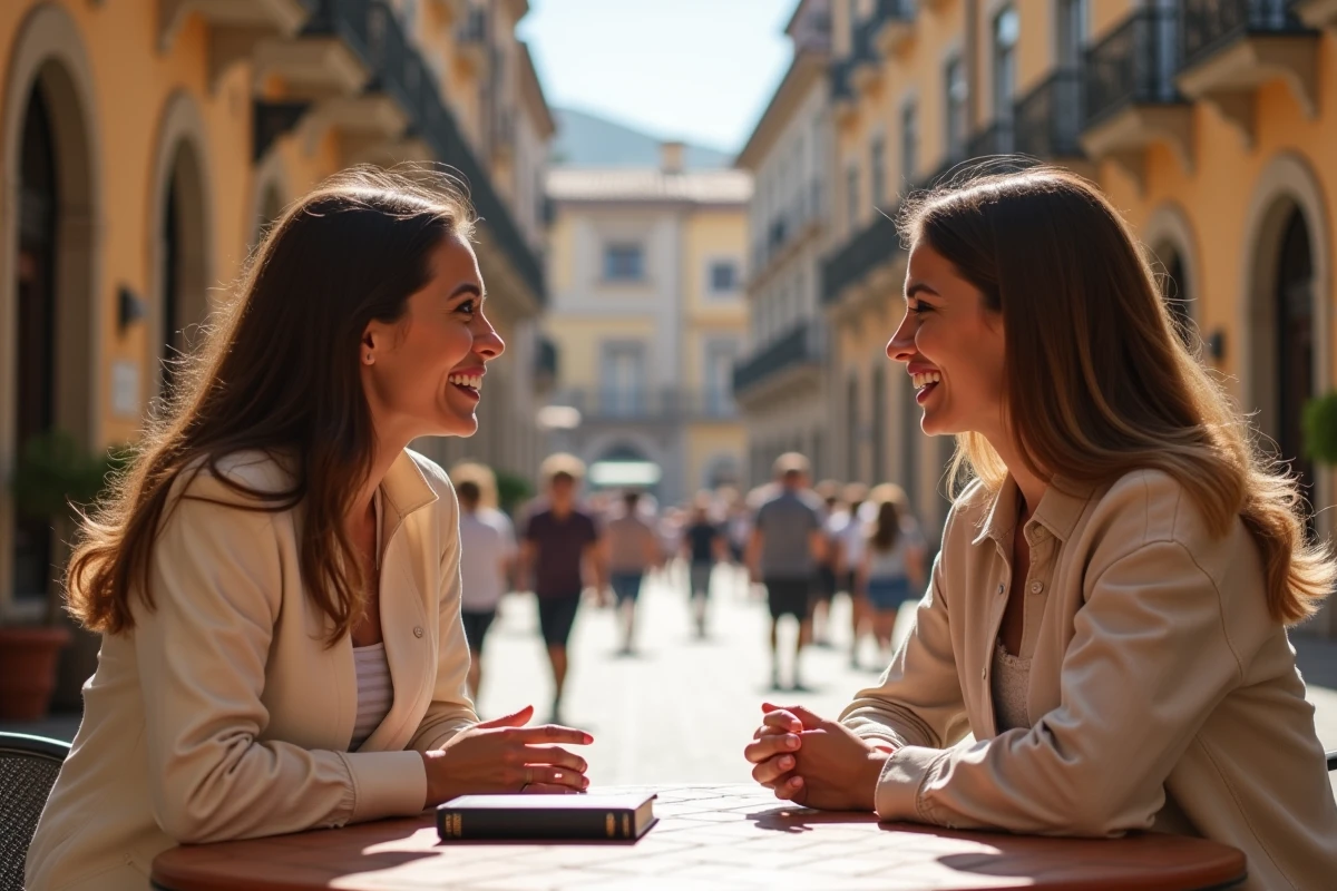 Deux femmes conversant en espagnol en terrasse à Madrid, pratiquant les expressions avec le verbe haber et tener
