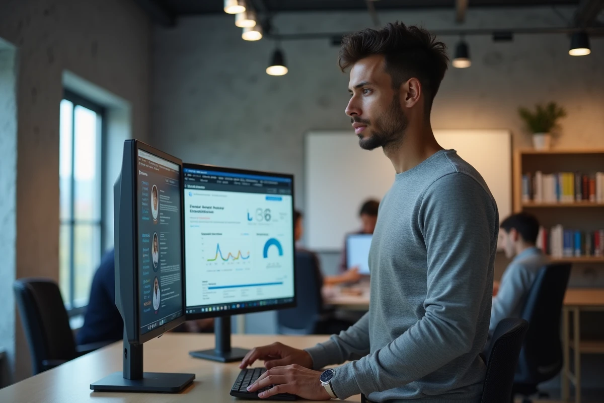 Coordinateur RH utilisant la plateforme Neomagora sur deux écrans dans un espace de travail moderne de NEOMA Business School