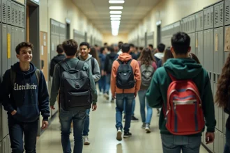 Couloir bondé d'un grand lycée français avec des dizaines d'élèves entre les cours