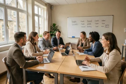 Groupe d'adultes suivant un cours d'anglais en salle de classe en Normandie
