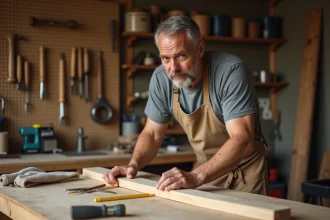 Homme adulte mesurant une planche en bois dans un atelier de bricolage maison bien équipé, illustrant une formation pratique en bricolage