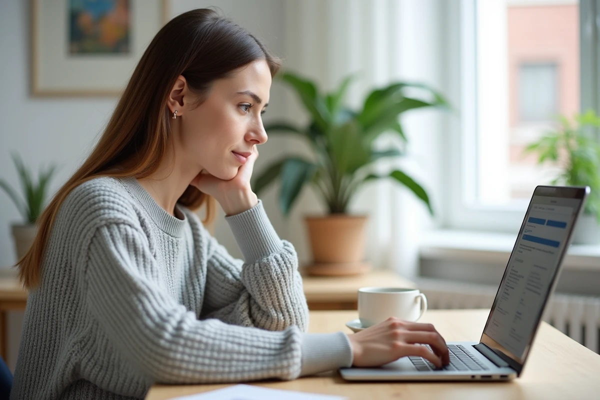 Femme créant un compte en ligne sur un ordinateur portable dans un bureau à domicile moderne