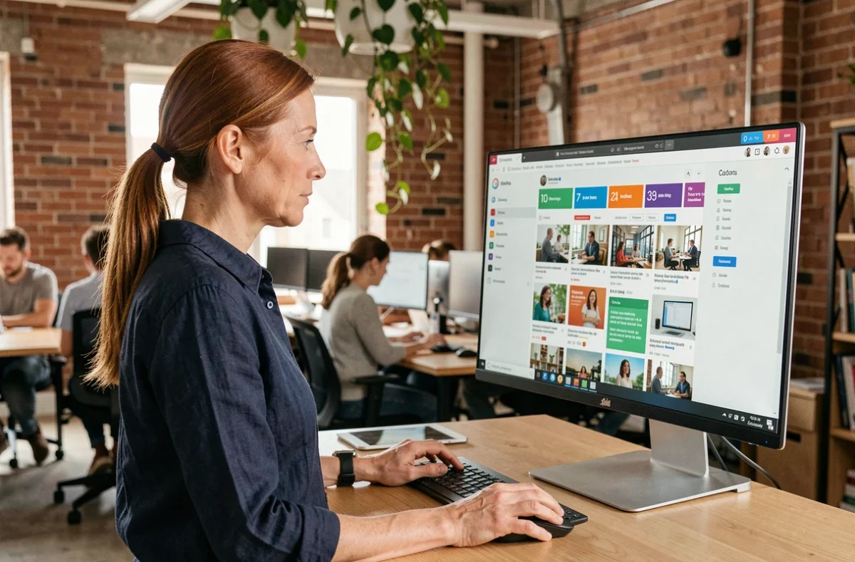 Femme créatrice utilisant Canva sur grand écran dans un espace de coworking moderne pour gagner du temps