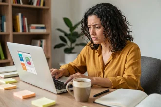 Créatrice débordée apprenant Canva sur son ordinateur dans un bureau encombré de notes et de carnets