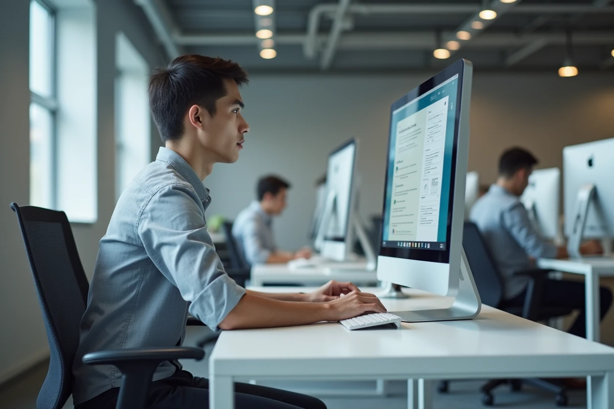 Demandeur d'emploi utilisant un service digital d'accompagnement Solerys sur un ordinateur dans un espace de travail moderne