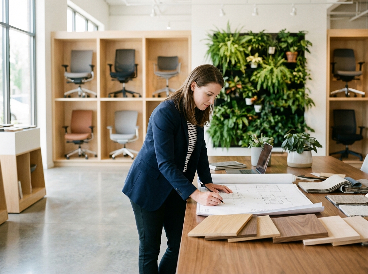 Designer d interieur examinant plans et échantillons de bois