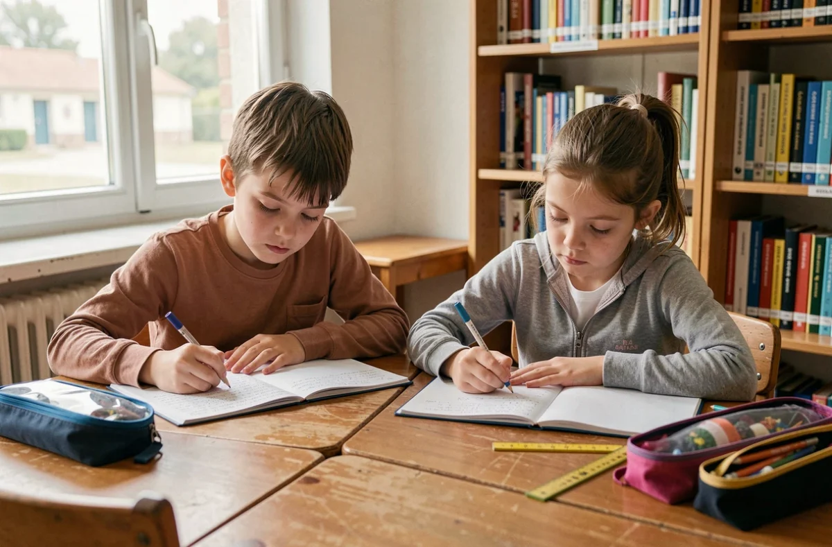 Deux élèves de CM2 côte à côte écrivant une dictée flash dans leurs cahiers en classe