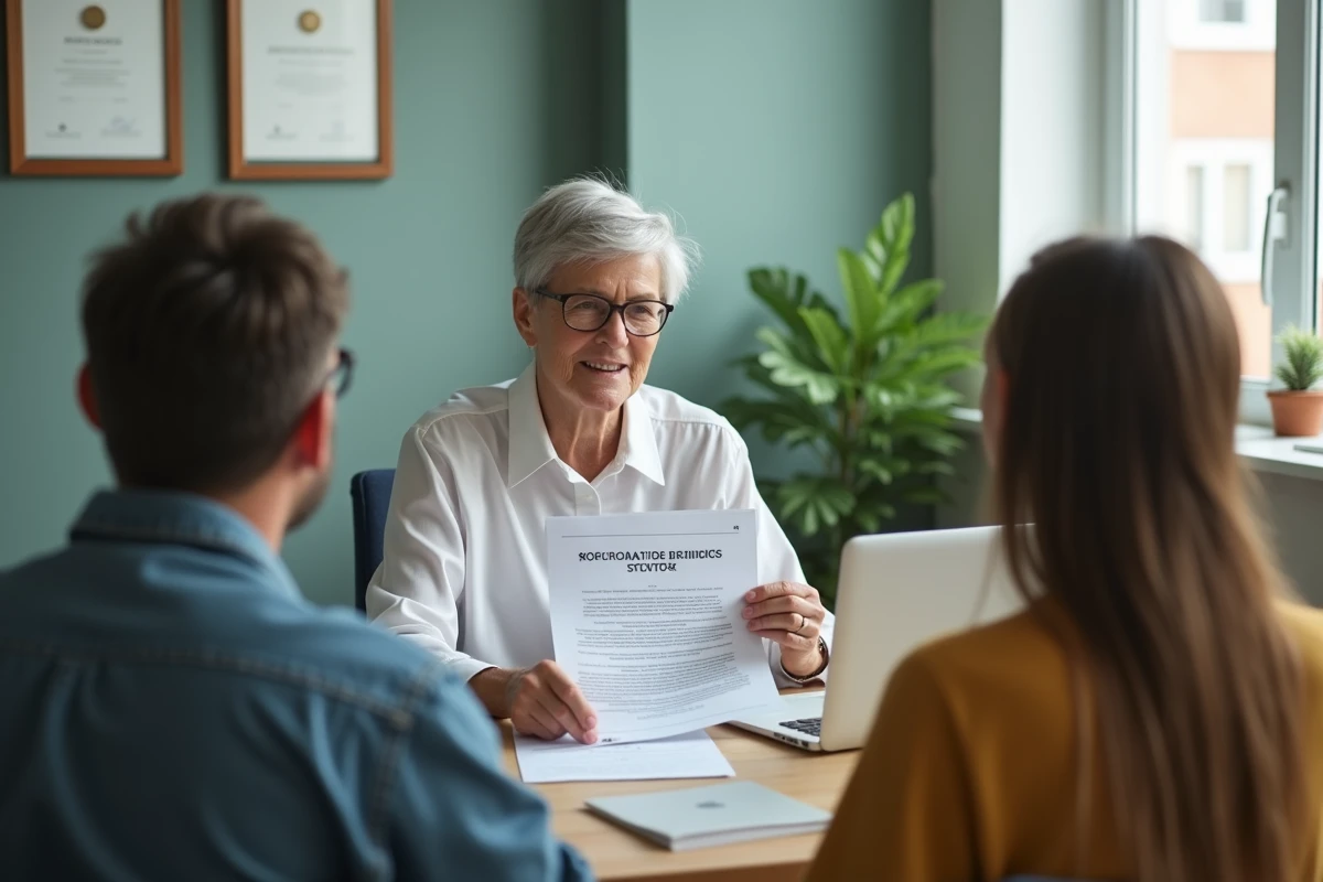 Directrice d'école présentant le guide de la charte graphique et du logo scolaire à des parents d'élèves