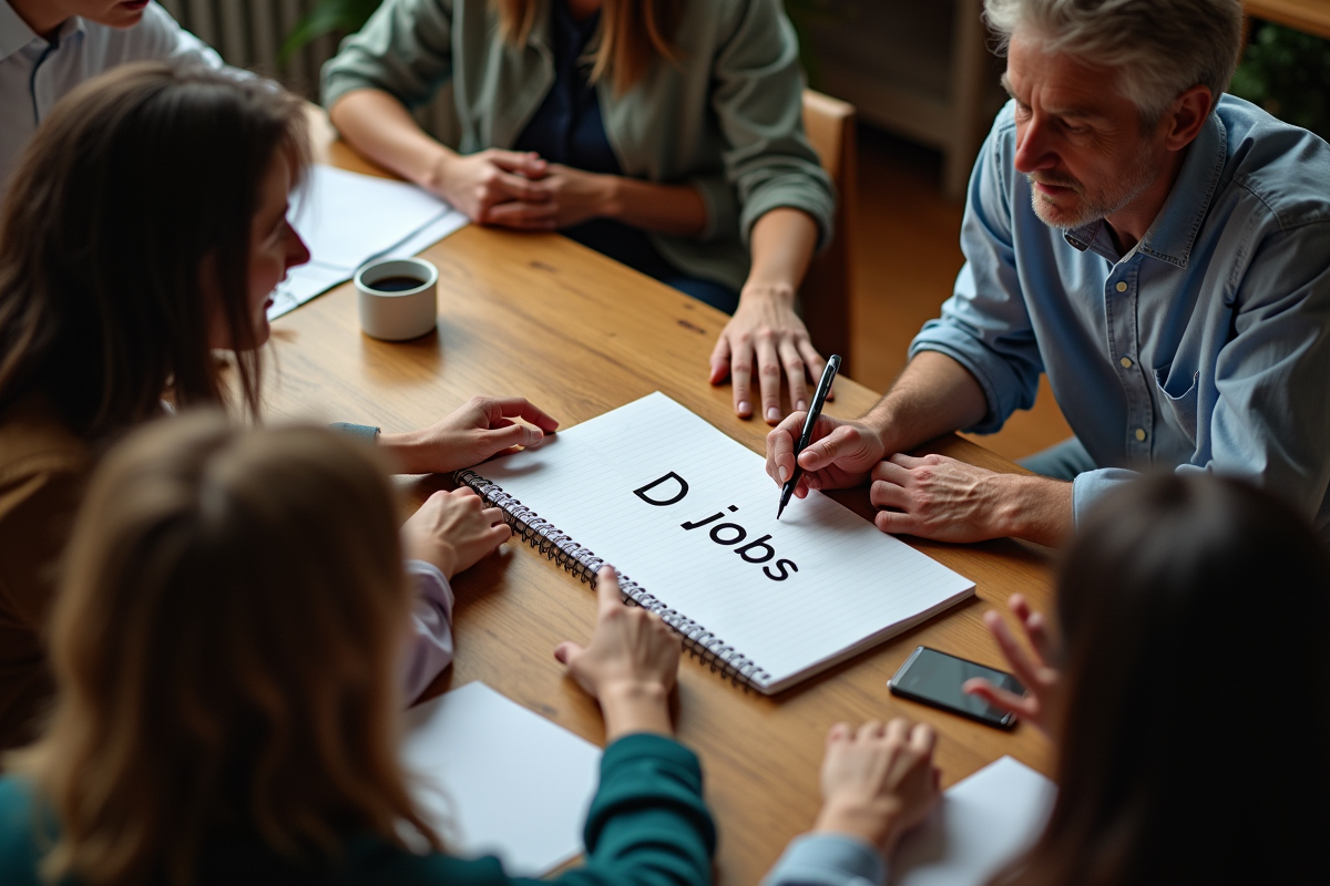 Groupe de personnes discutant autour d une table avec un carnet D jobs