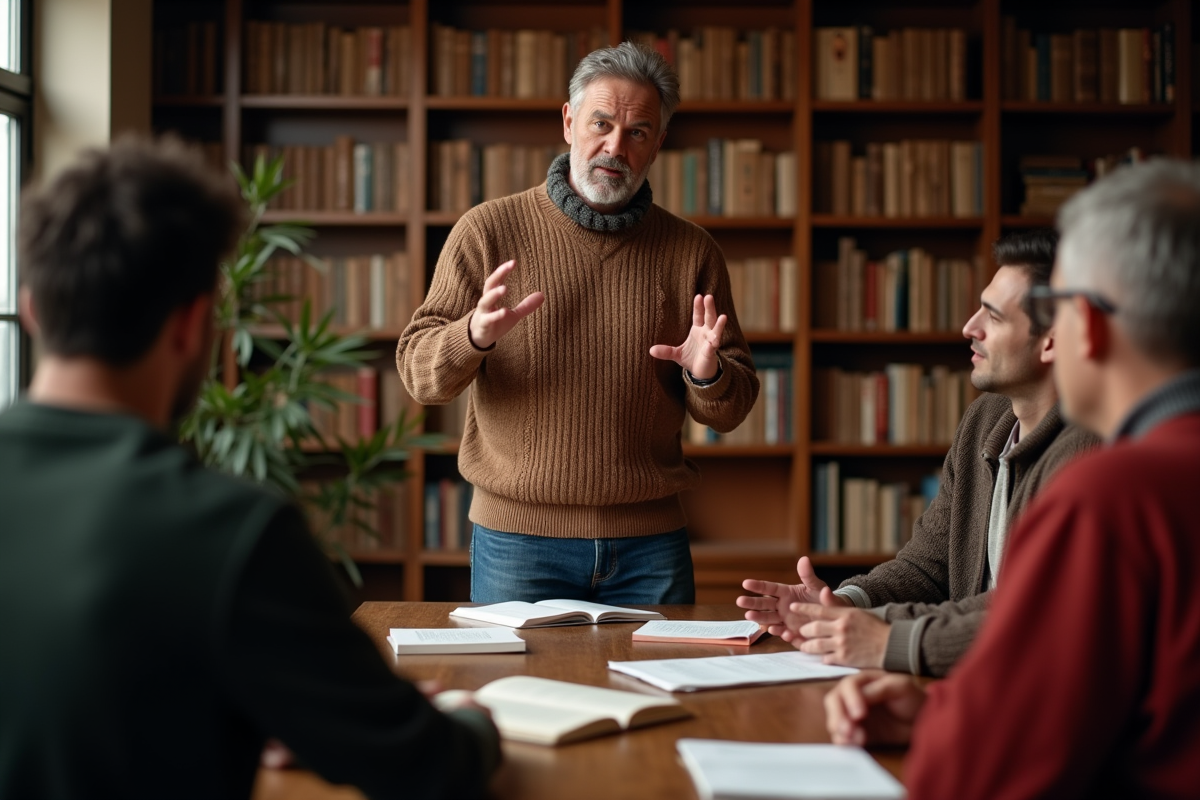 Groupe en discussion dans une librairie chaleureuse