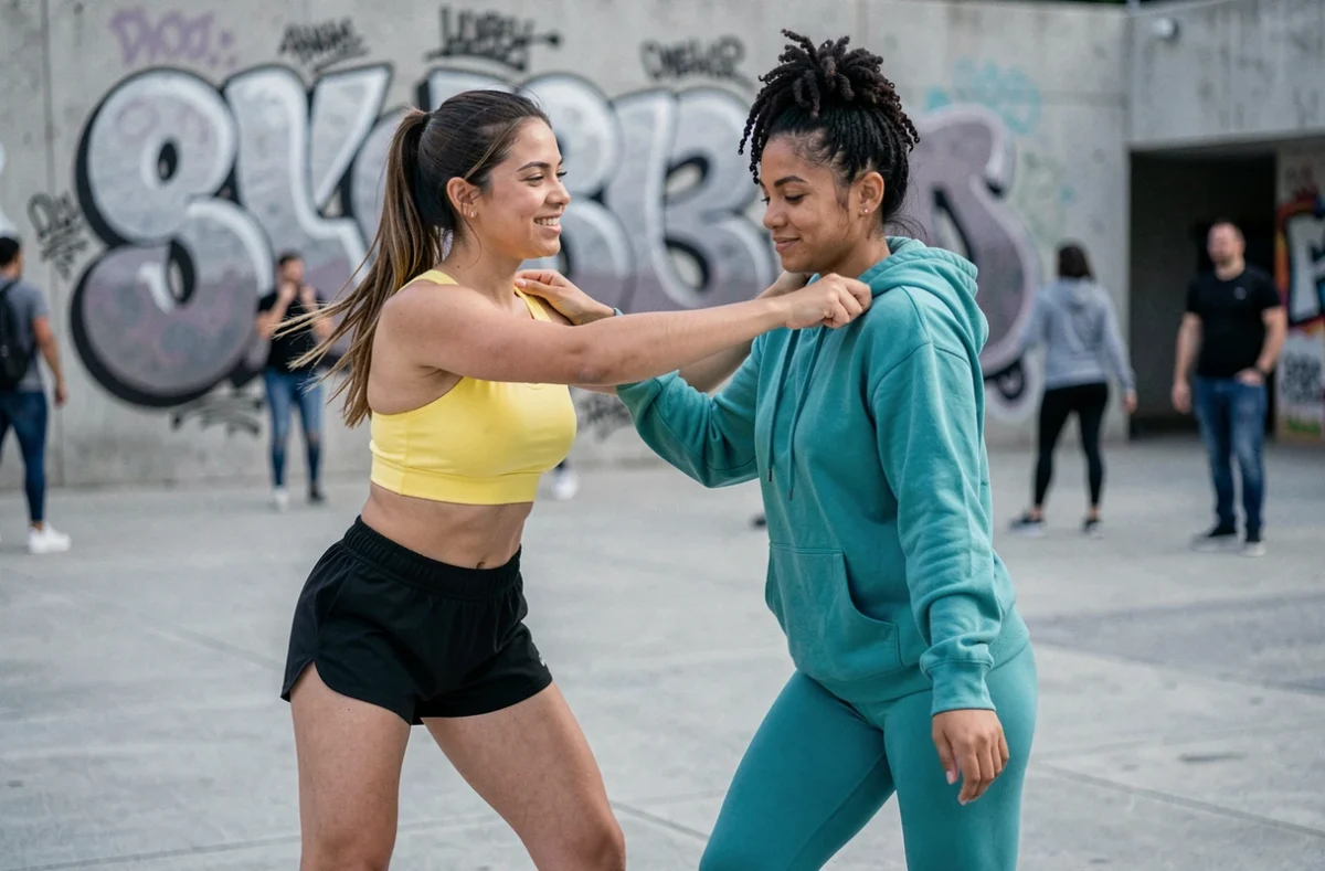 Deux femmes apprenant ensemble les pas de la danse kuduro en plein air dans un espace urbain