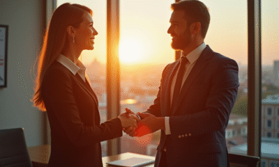 Échange d'affaires entre un homme et une femme en bureau lumineux