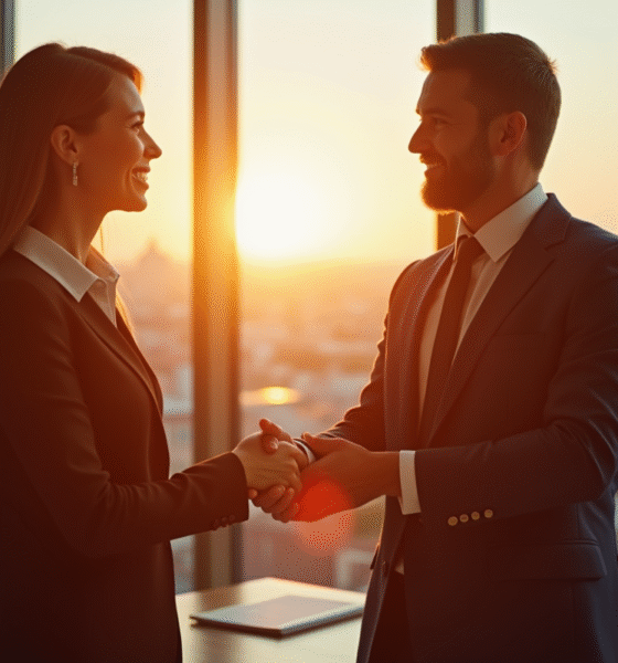 Échange d'affaires entre un homme et une femme en bureau lumineux