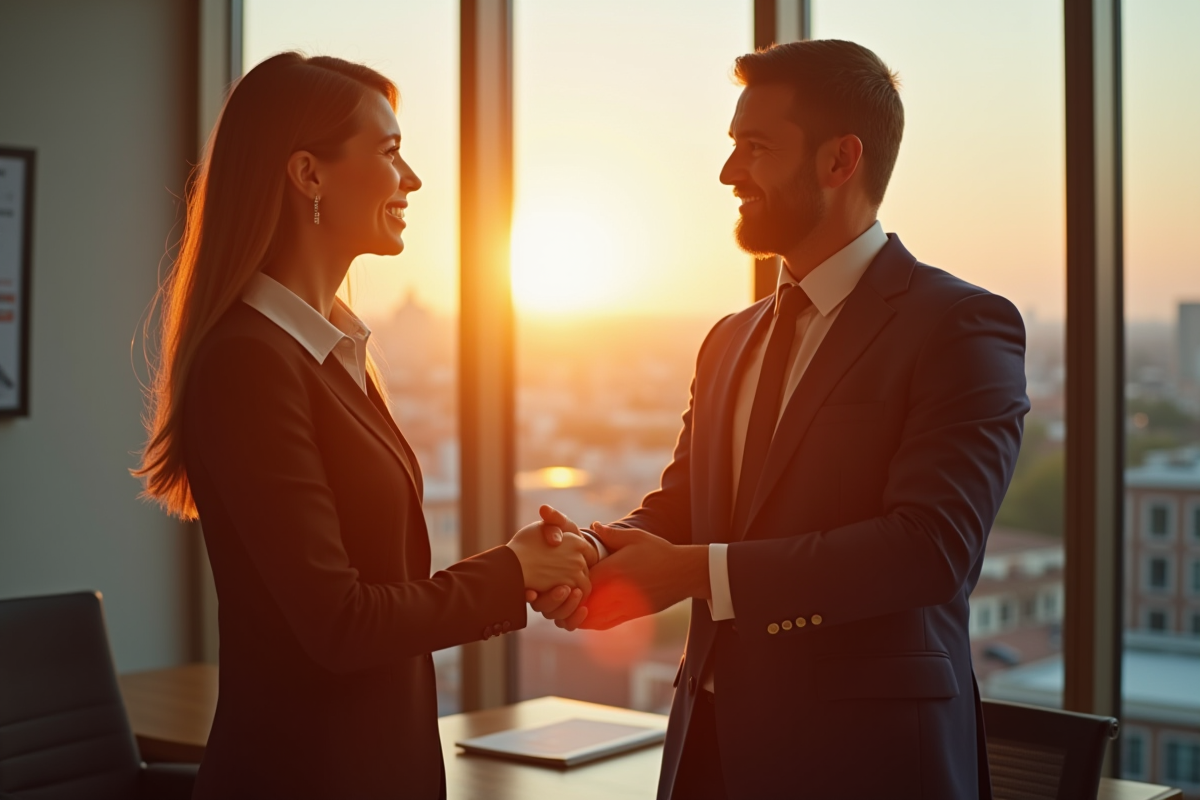 Échange d'affaires entre un homme et une femme en bureau lumineux