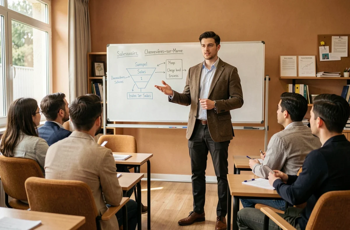 Étudiant de l'École Sup de Vente réseau CCI à Chennevières-sur-Marne s'entraînant à un argumentaire commercial