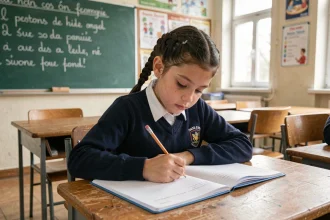 Élève de CM2 concentrée pendant une dictée flash écrite dans un cahier en classe