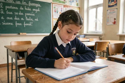 Élève de CM2 concentrée pendant une dictée flash écrite dans un cahier en classe