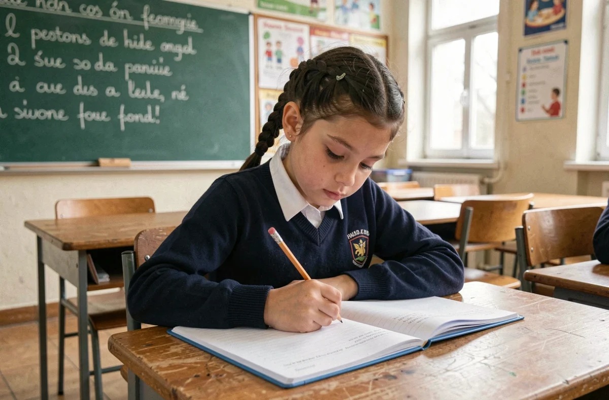 Élève de CM2 concentrée pendant une dictée flash écrite dans un cahier en classe