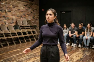 Jeune comédienne en plein exercice de monologue sur la scène d'une salle de répétition du Cours Florent, entourée d'élèves attentifs