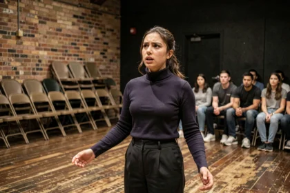 Jeune comédienne en plein exercice de monologue sur la scène d'une salle de répétition du Cours Florent, entourée d'élèves attentifs