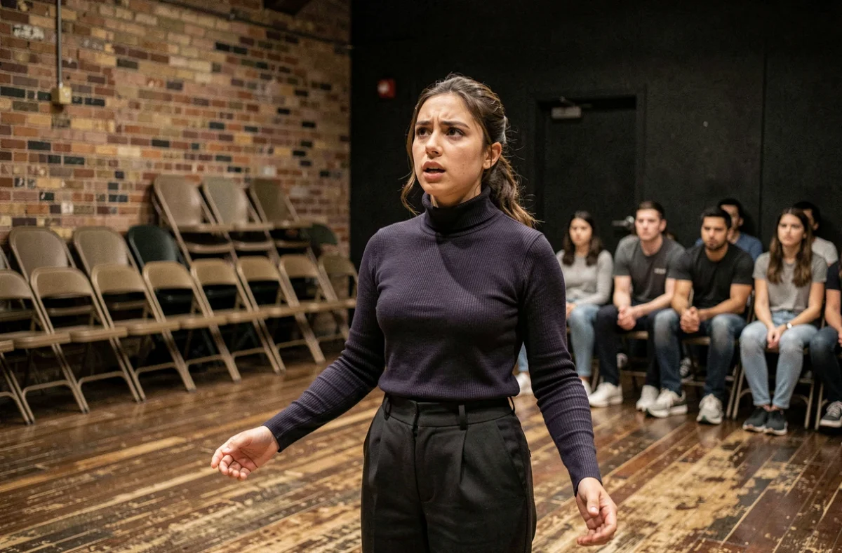Jeune comédienne en plein exercice de monologue sur la scène d'une salle de répétition du Cours Florent, entourée d'élèves attentifs