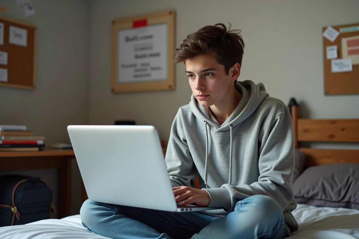 Élève consultant son bulletin scolaire LSU à distance depuis sa chambre sur un ordinateur portable