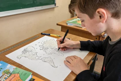 Élève complétant un planisphère vierge à la main sur un bureau scolaire en bois