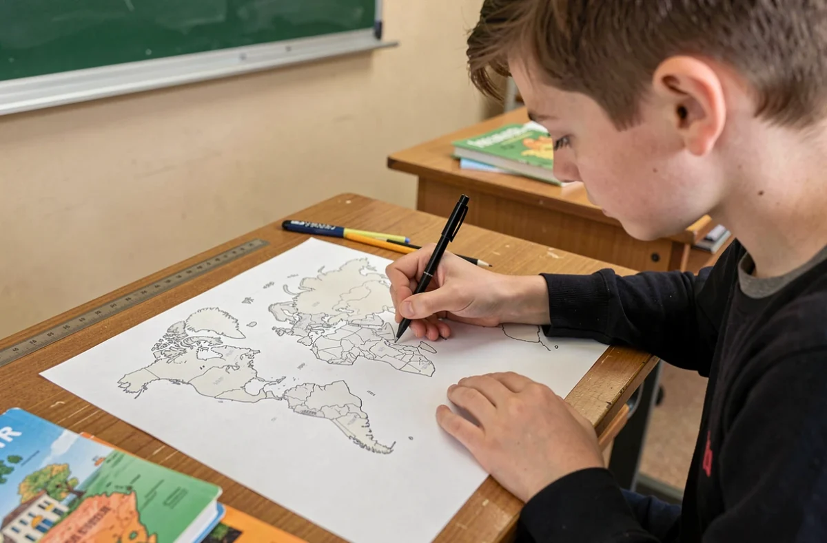 Élève complétant un planisphère vierge à la main sur un bureau scolaire en bois