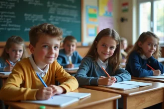 Groupe d'élèves français de 10 ans en classe attentive