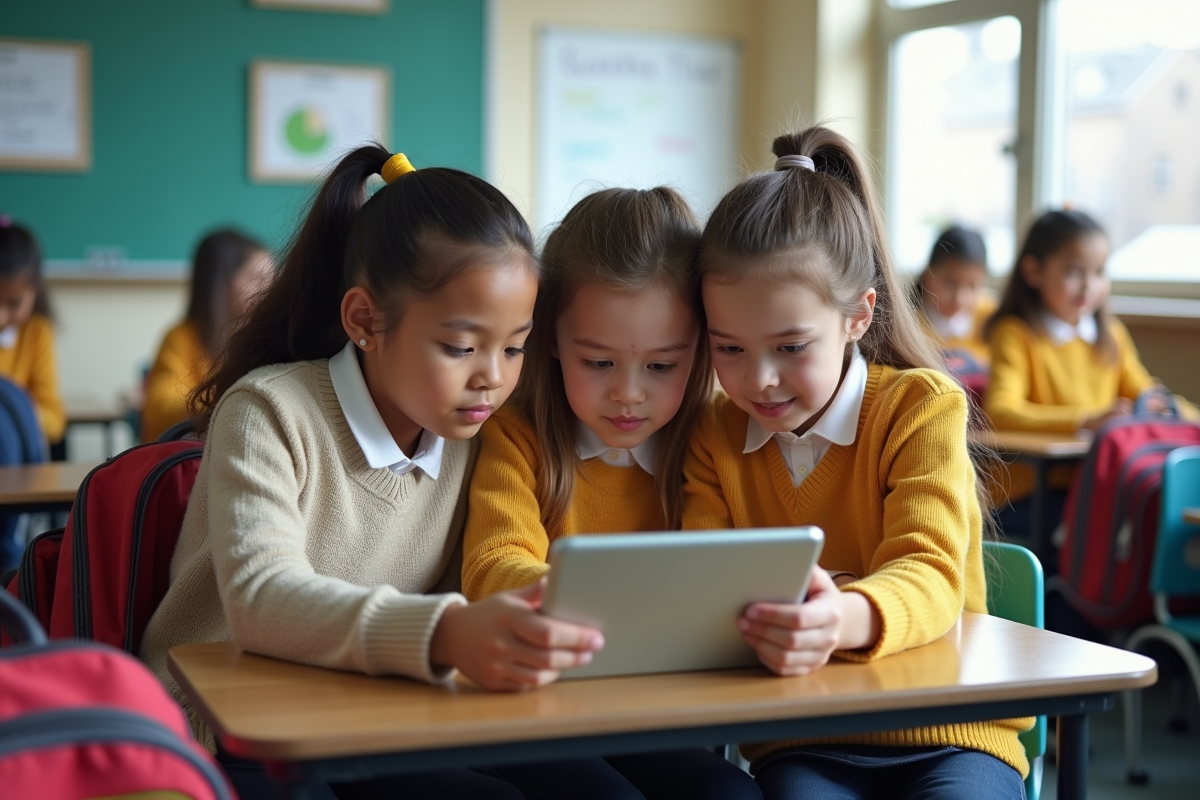 Trois collégiens concentrés sur une tablette en classe lumineuse