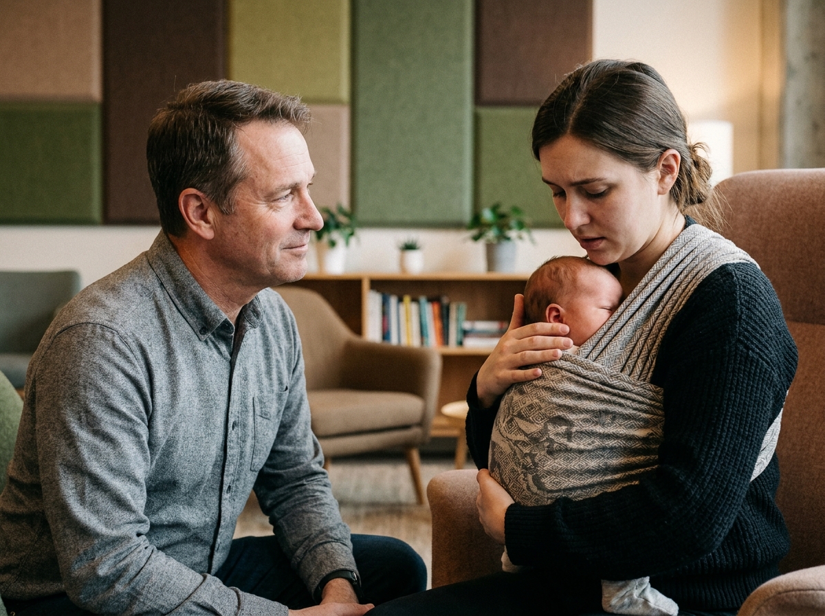 Manager et collègue partageant un moment d'empathie face aux pleurs d'un bébé dans un espace de coworking, symbolisant l'humanité au travail