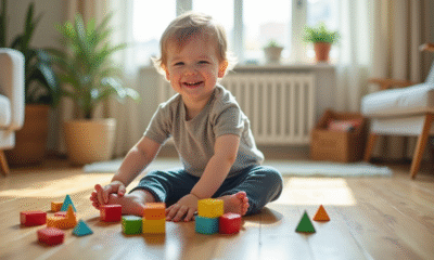 Garçon de 3 ans jouant avec des blocs éducatifs colorés