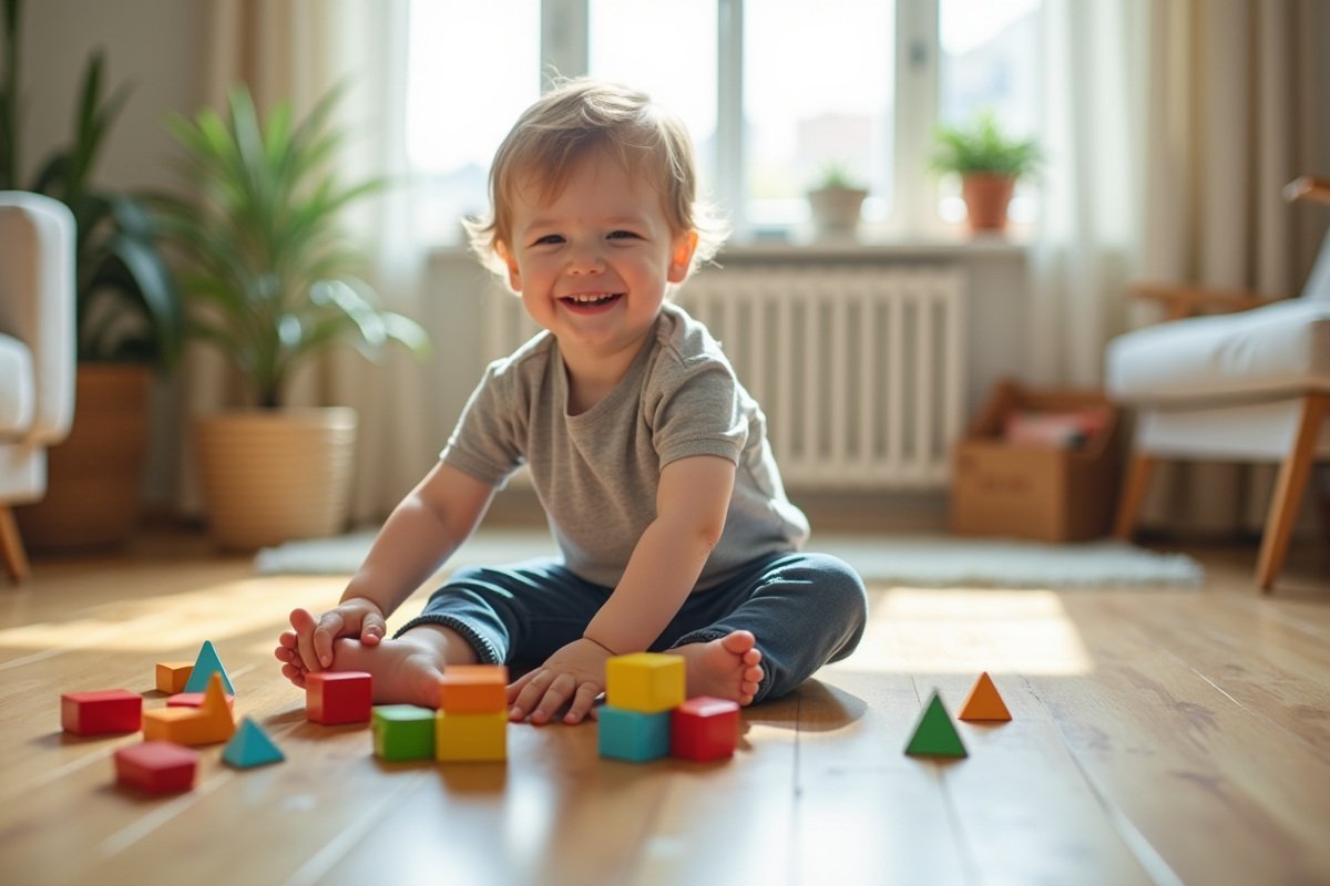 Garçon de 3 ans jouant avec des blocs éducatifs colorés
