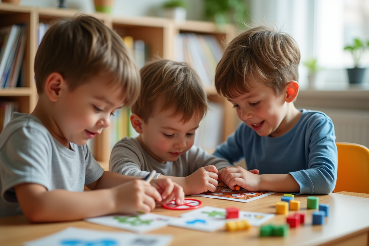 Trois enfants de 3 ans collaborant avec des jouets éducatifs
