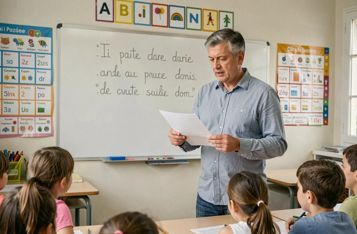 Enseignant de CM2 lisant une dictée flash à voix haute devant sa classe primaire