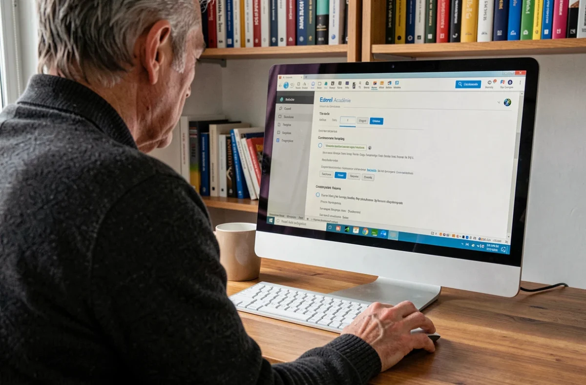 Enseignant configurant l'interface Esterel Académie sur son ordinateur de bureau depuis un bureau personnel