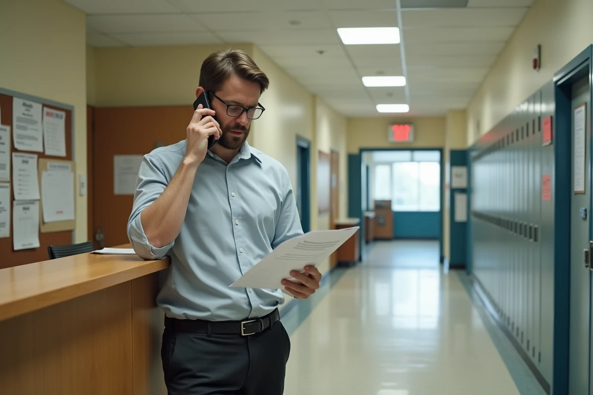 Professeur au téléphone dans un couloir d