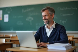 Professeur homme en salle de classe moderne souriant