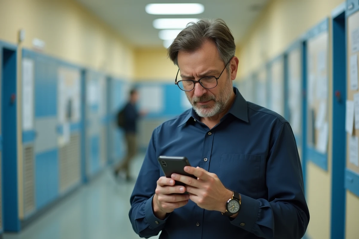 Enseignant consultant son smartphone affichant une panne du service id.ac-versailles.fr dans un couloir scolaire