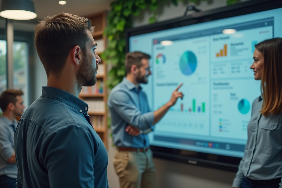 Enseignant expliquant devant tableau interactif