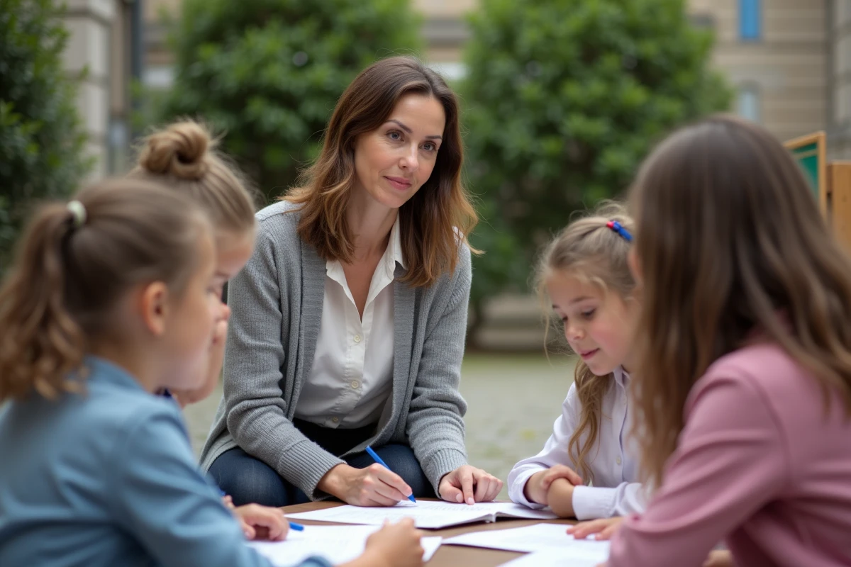 Professeure guidant des enfants en dictée en plein air