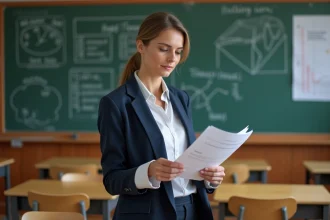 Enseignante examinant des documents administratifs dans une salle de classe, illustrant les enjeux du Pacte enseignant et des primes scolaires