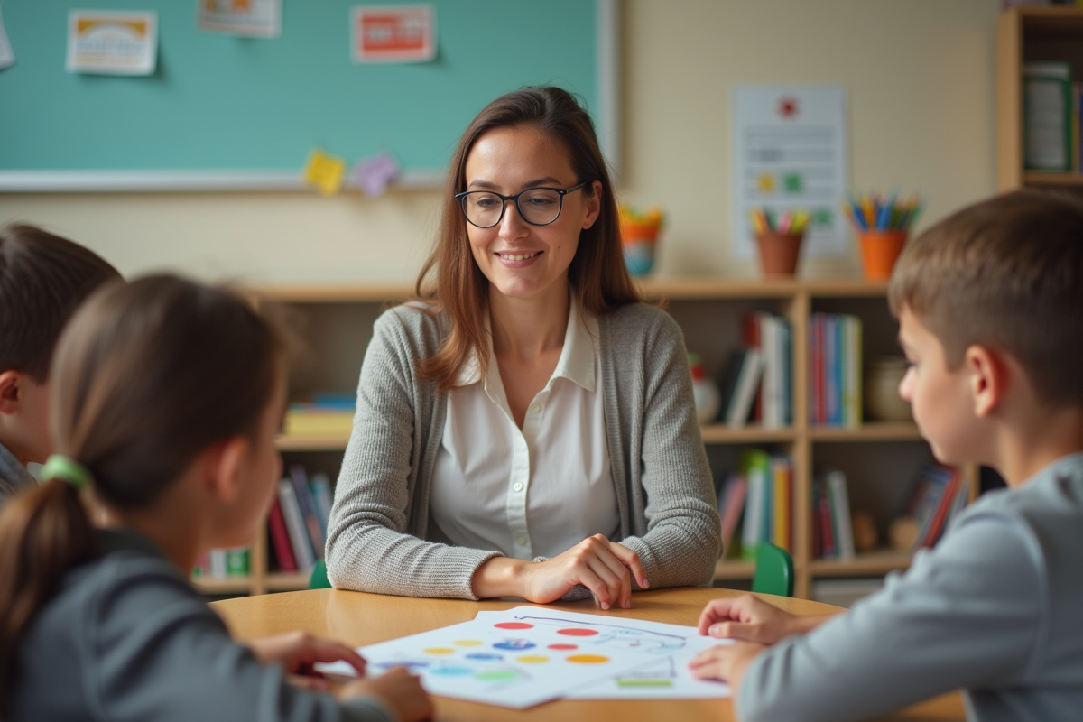 Enseignante primaire expliquant un diagramme aux enfants en classe