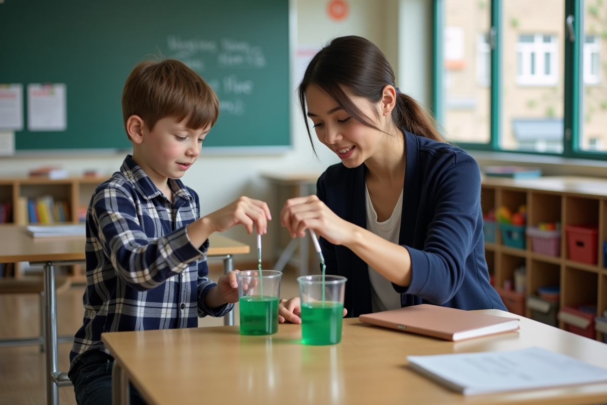 Enseignante aidant un jeune garçon à verser un liquide coloré