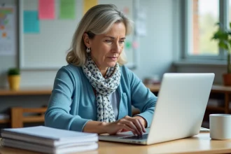 Professeure en classe avec ordinateur et livres